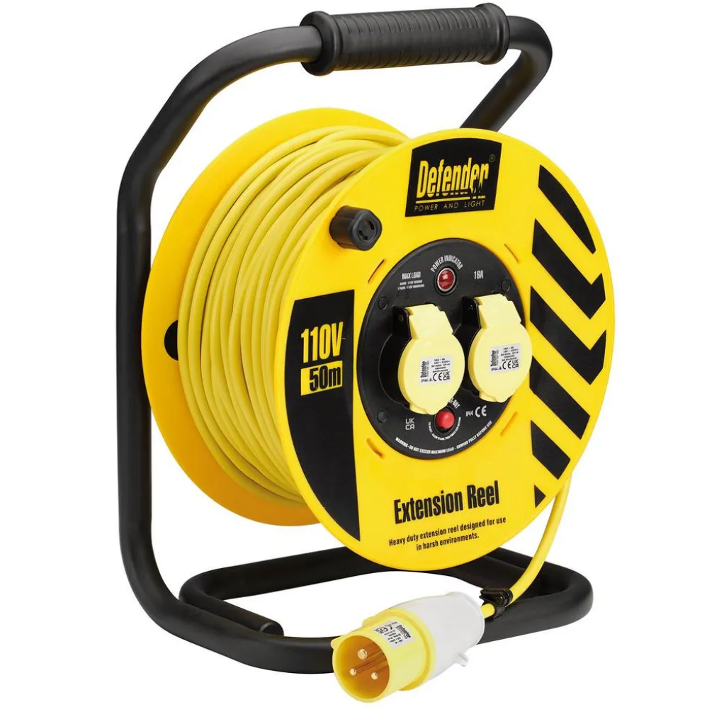 Defender E86500 110V Industrial Cable Reel, 1.5mm², 16A, 50m