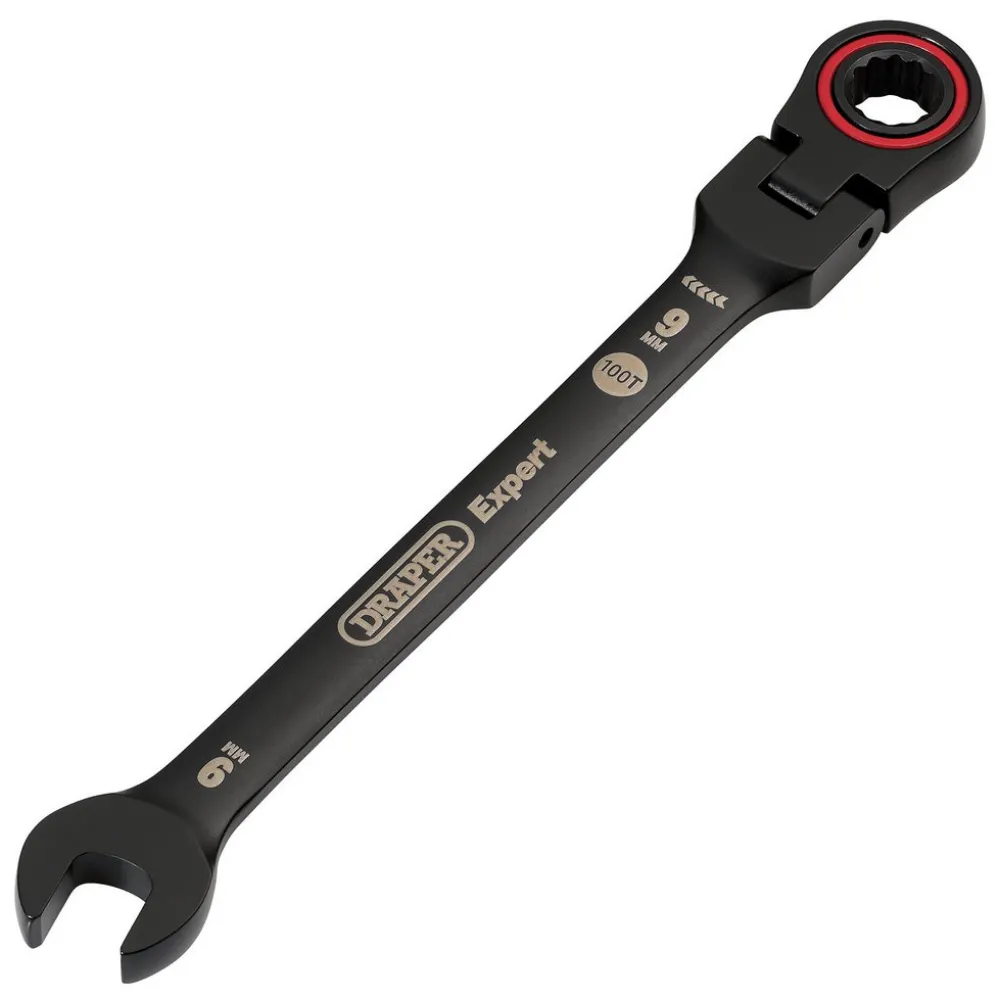 Draper Expert HI-TORQ® Metric Flexible Head Ratchet Combination Spanner, 9mm, Black