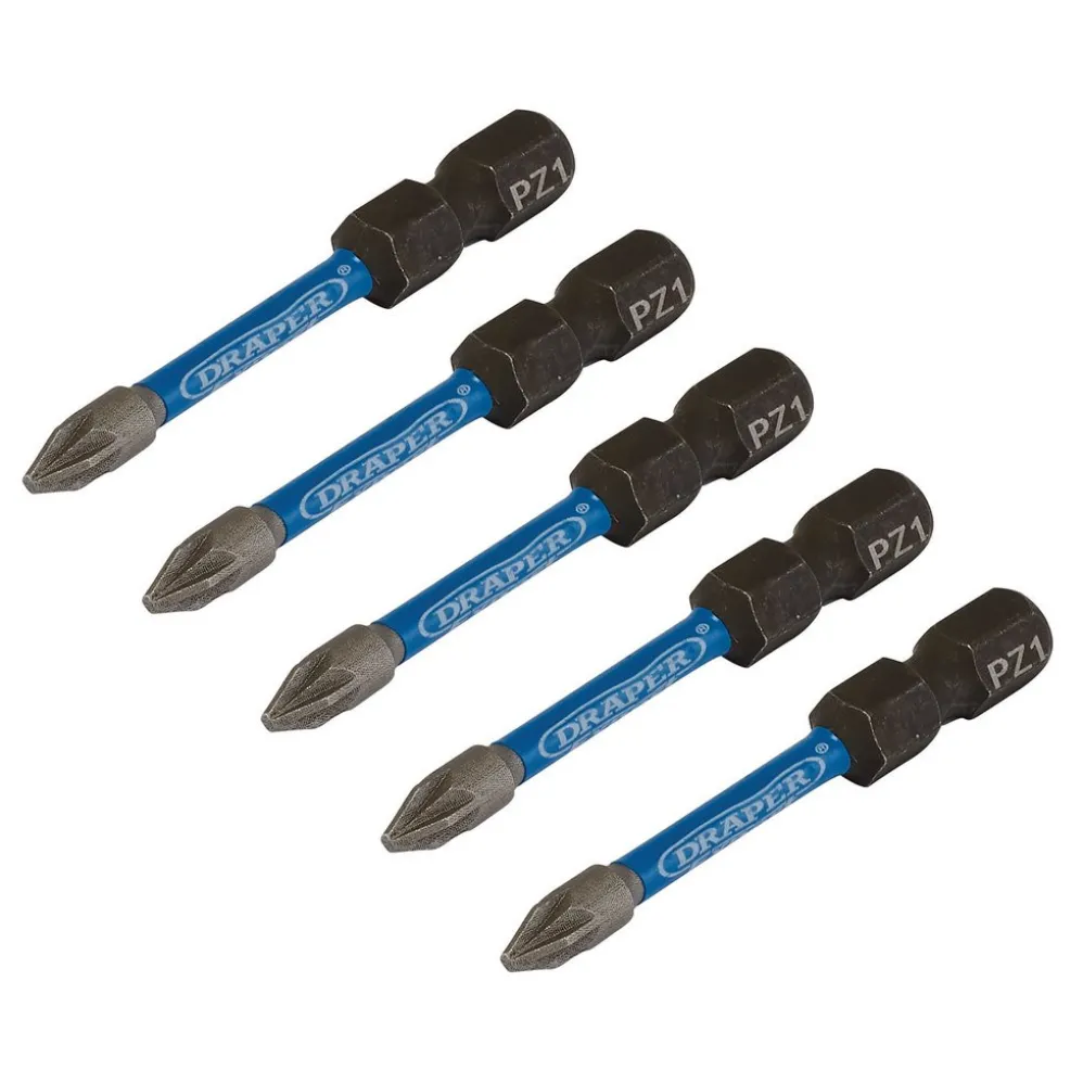 Draper Expert PZ-Type Impact Screwdriver Bits, No.1 x 50mm, 1/4" Hex (Pack of 5)