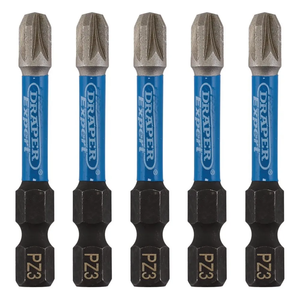 Draper Expert PZ-Type Impact Screwdriver Bits, No.3 x 50mm, 1/4" Hex (Pack of 5)