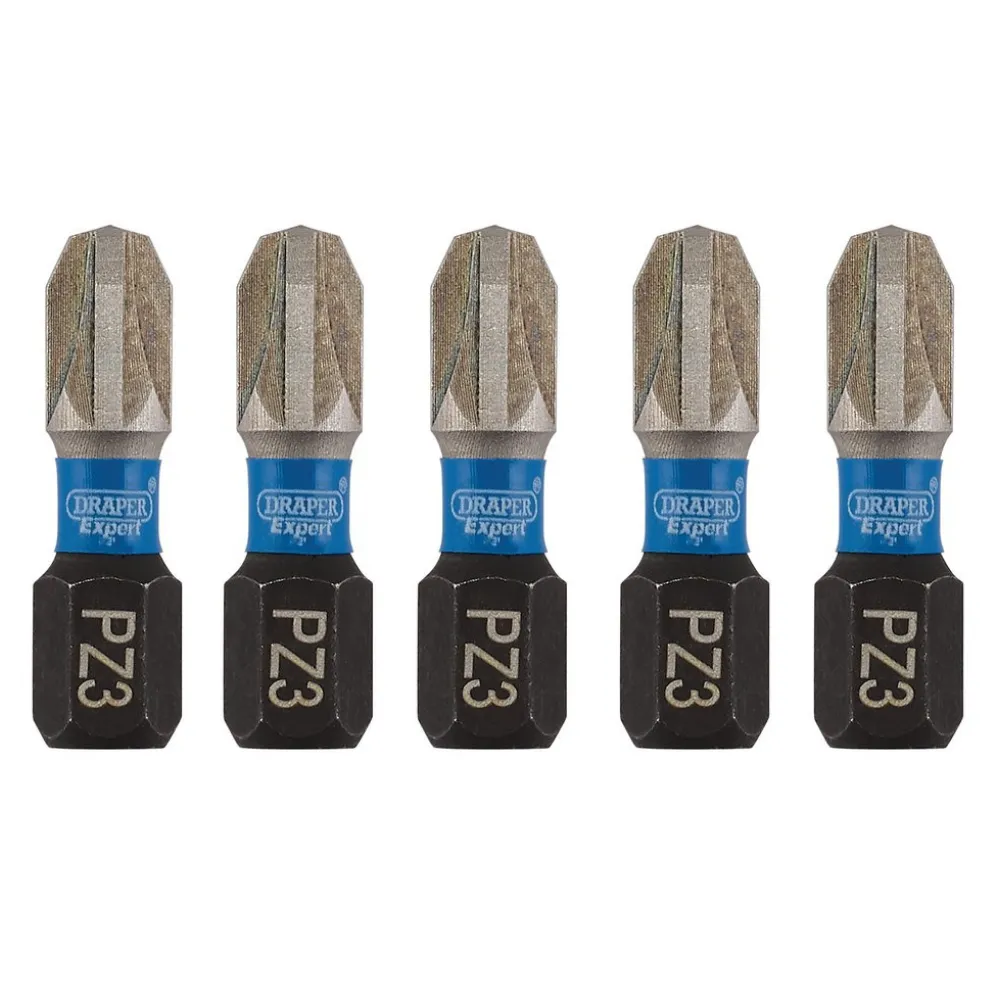 Draper Expert PZ-Type Impact Screwdriver Bits, No.3 x 25mm, 1/4" Hex (Pack of 5)