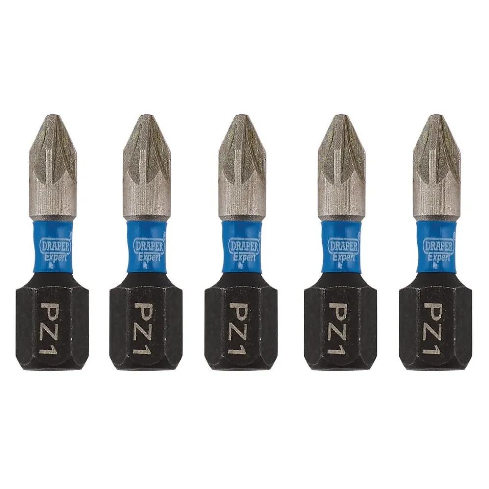 Draper Expert PZ-Type Impact Screwdriver Bits, No.1 x 25mm, 1/4" Hex (Pack of 5)