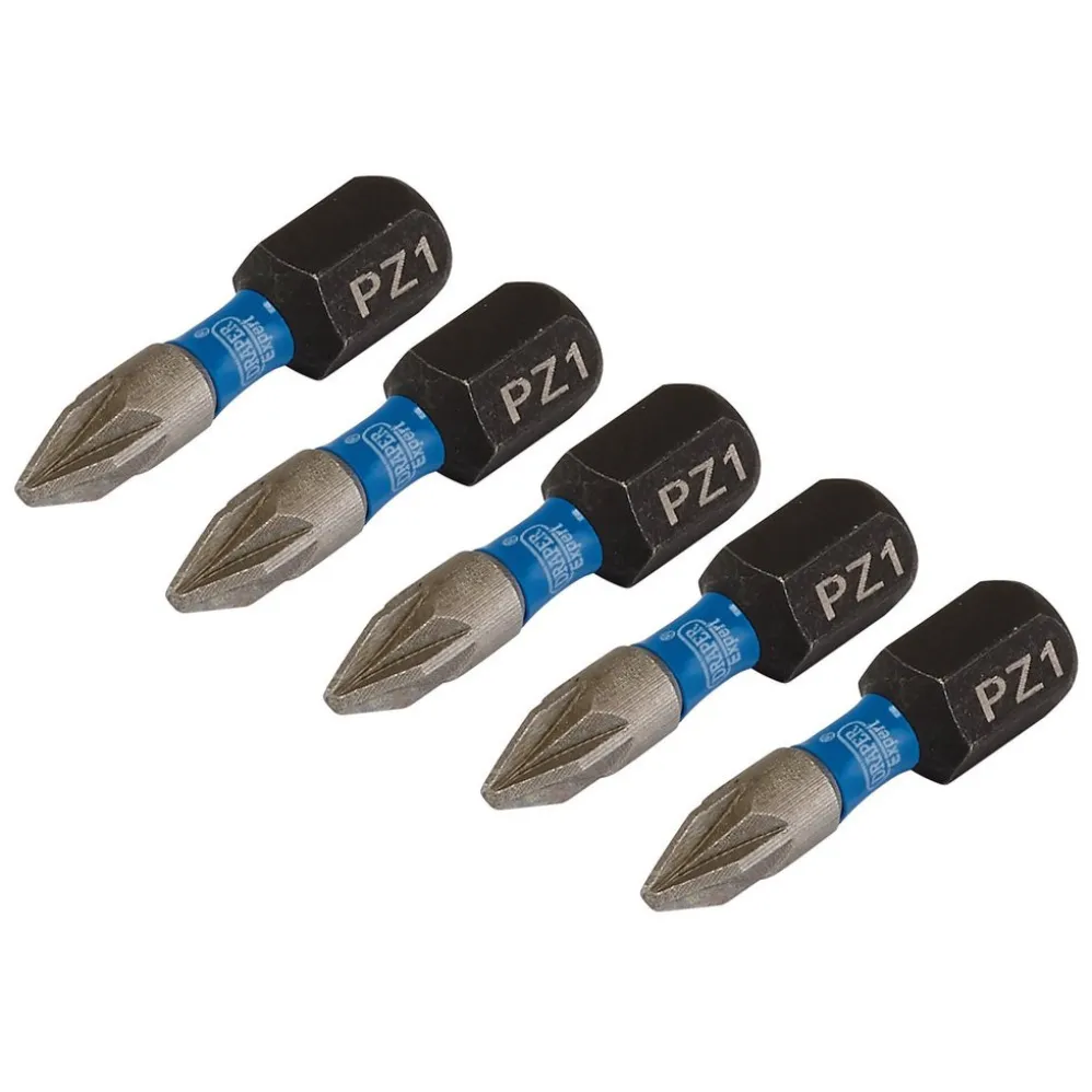 Draper Expert PZ-Type Impact Screwdriver Bits, No.1 x 25mm, 1/4" Hex (Pack of 5)
