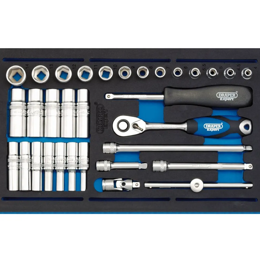 Draper Expert Socket Set in 1/4 Drawer EVA Insert Tray, 1/4"(32 Piece)