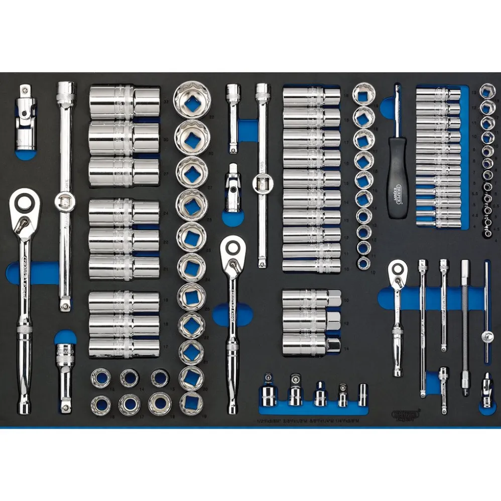 Draper Expert Socket Set in Full Plus Drawer EVA Insert Tray, 1/4", 3/8" & 1/2" (96 Piece)