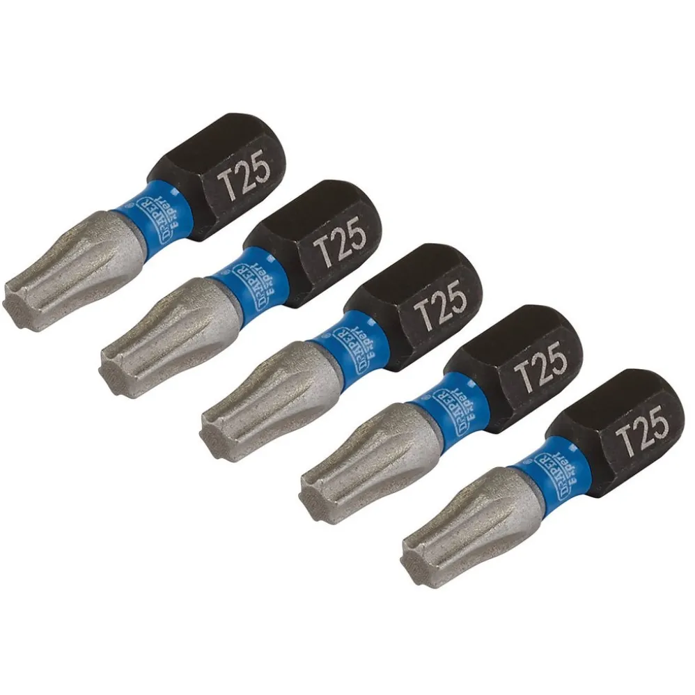 Draper Expert TX-STAR® Impact Screwdriver Bits, T25 x 25mm, 1/4" Hex (Pack of 5)