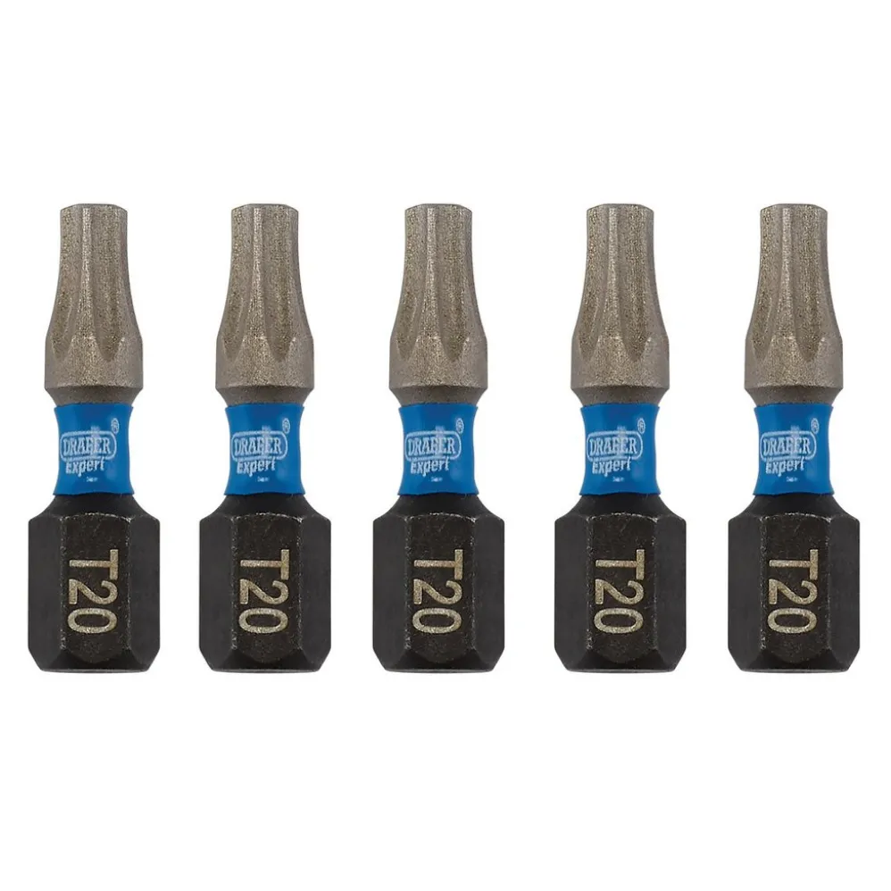 Draper Expert TX-STAR® Impact Screwdriver Bits, T20 x 25mm, 1/4" Hex (Pack of 5)