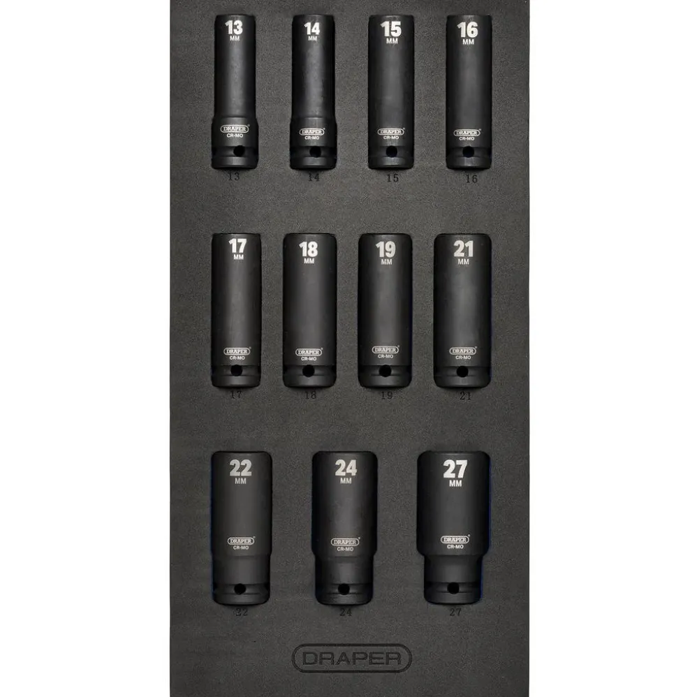 Draper HI-TORQ® Metric Deep Impact Socket Set in EVA Drawer Insert Tray, 1/2" Sq. Dr. (11 Piece)
