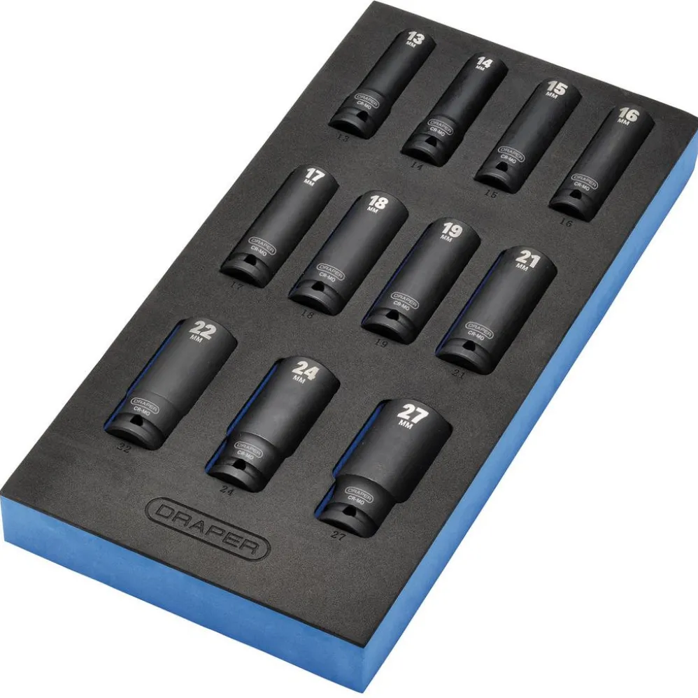 Draper HI-TORQ® Metric Deep Impact Socket Set in EVA Drawer Insert Tray, 1/2" Sq. Dr. (11 Piece)