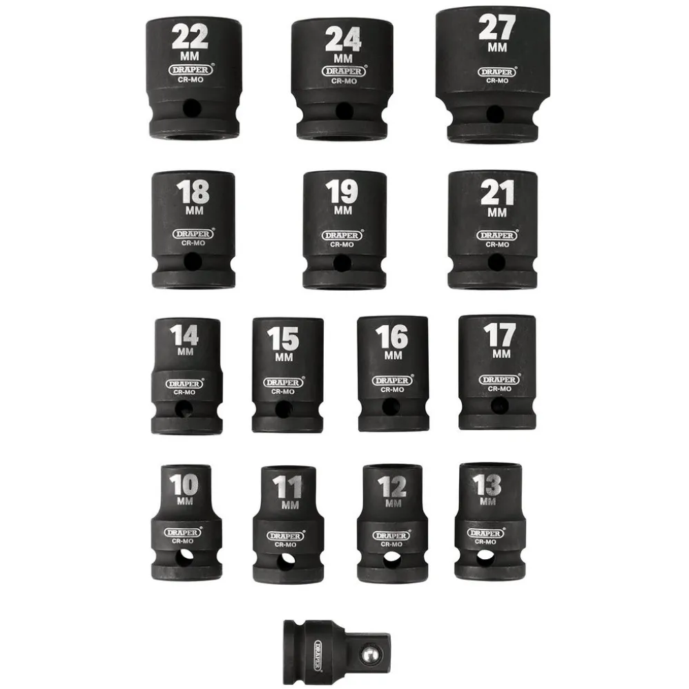 Draper HI-TORQ® Metric Impact Socket Set in EVA Drawer Insert Tray, 1/2" Sq. Dr. (15 Piece)