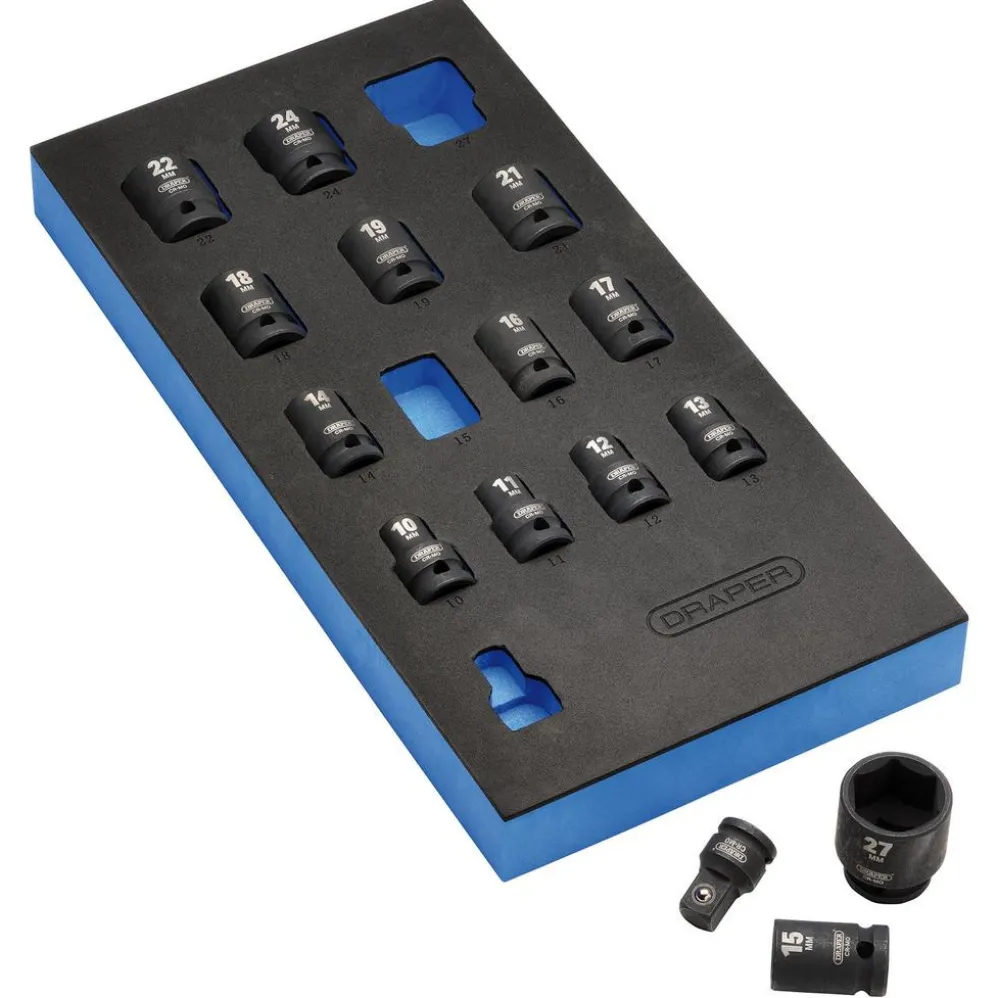 Draper HI-TORQ® Metric Impact Socket Set in EVA Drawer Insert Tray, 1/2" Sq. Dr. (15 Piece)