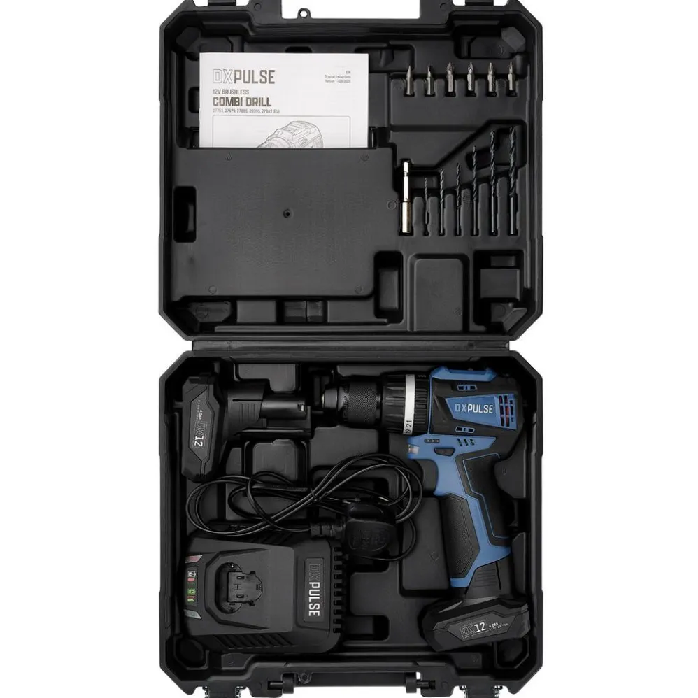 DXPULSE 12V Brushless Combi Drill Kit, 2 x 4.0Ah Batteries, 1 x Fast Charger
