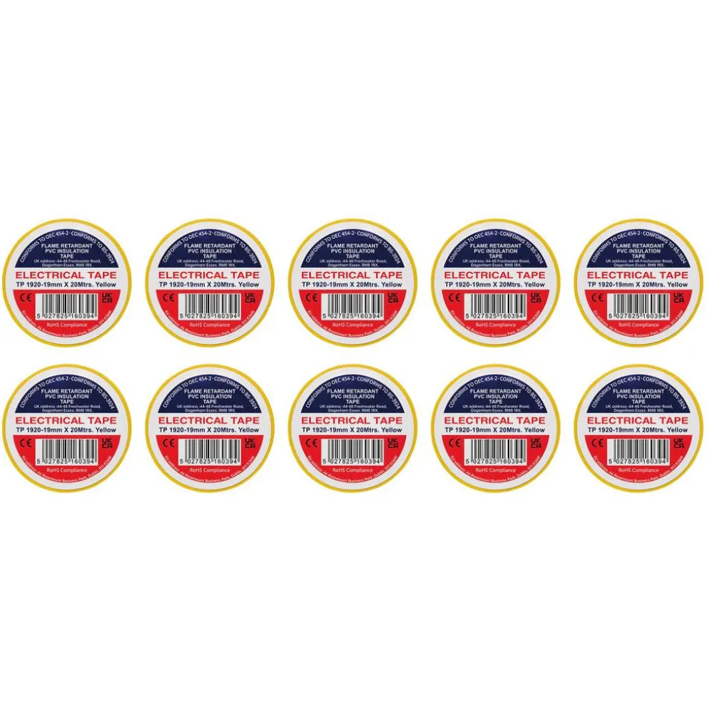Yellow PVC Electrical Insulation Tape, 19mm x 20m (Pack of 10)